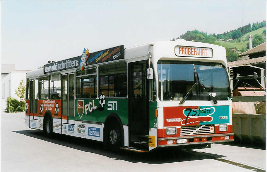 (022'701) - STI Thun - Nr. 34/BE 443'834 - Volvo/R&J (ex SAT Thun Nr. 34) am 15. Mai 1998 in Thun, Garage