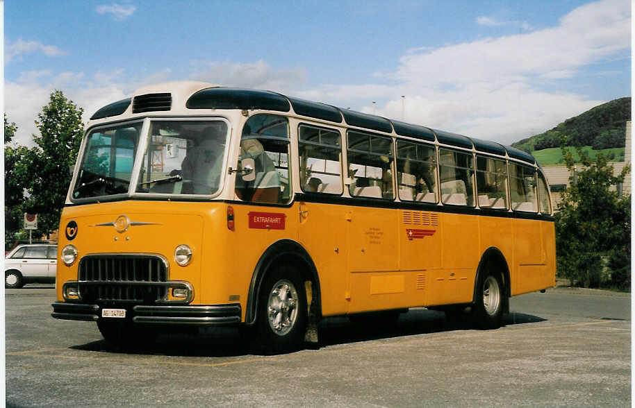 (026'103) - Lambach, Mriken - AG 14'703 - FBW/FHS (ex Hotz, Rickenbach bei Wil/TG; ex P 24'079) am 5. September 1998 beim Bahnhof Frick