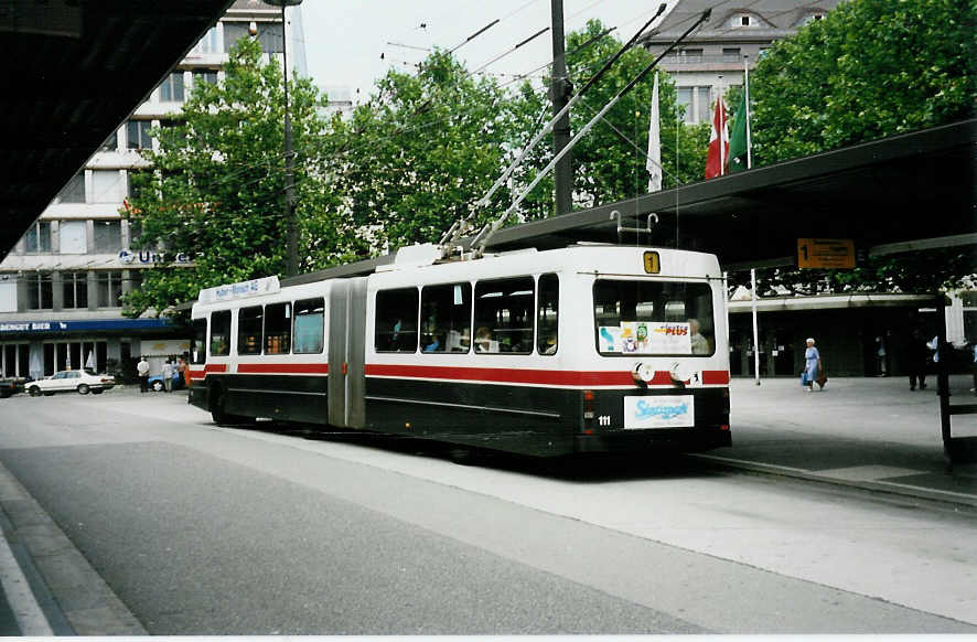 (034'803) - VBSG St. Gallen - Nr. 111 - Saurer/Hess Gelenktrolleybus am 19. Juli 1999 beim Bahnhof St. Gallen