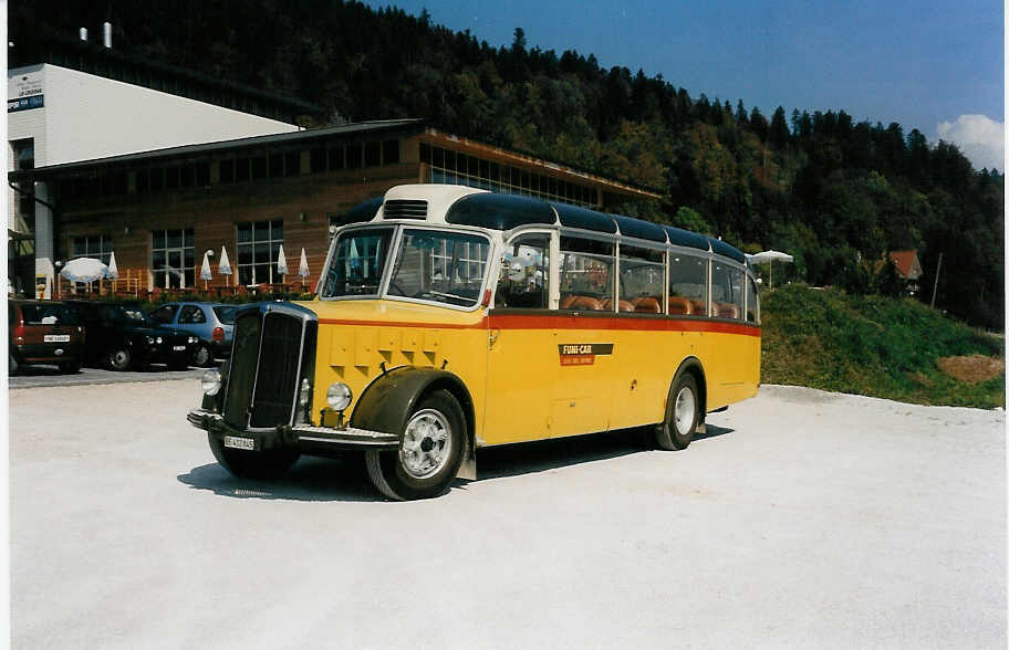 (036'801) - Funi-Car, Biel - BE 412'845 - Saurer/FHS (ex P 19'983; ex P 23'157) am 12. September 1999 in Boudevilliers, Hotel-Restaurant La Croise