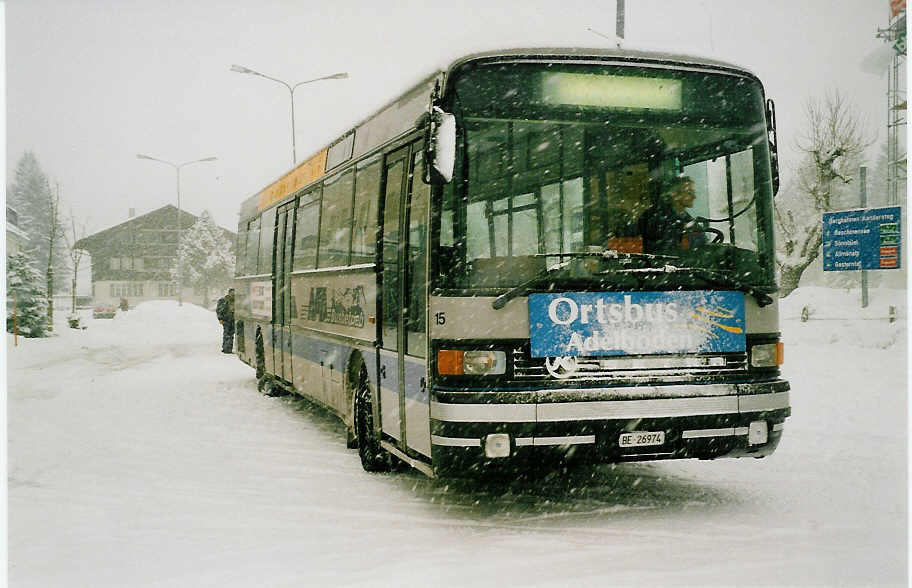 (038'120) - AFA Adelboden - Nr. 15/BE 26'974 - Setra (ex TPYG Yverdon Nr. 5) am 28. Dezember 1999 beim Bahnhof Kandersteg