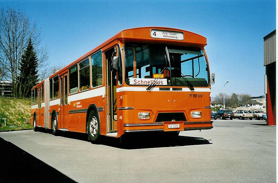 (040'104) - ZVB Zug - Nr. 48/ZG 3398 - FBW/Hess (ex RhV Altsttten Nr. 102) am 8. April 2000 in Zug, Garage