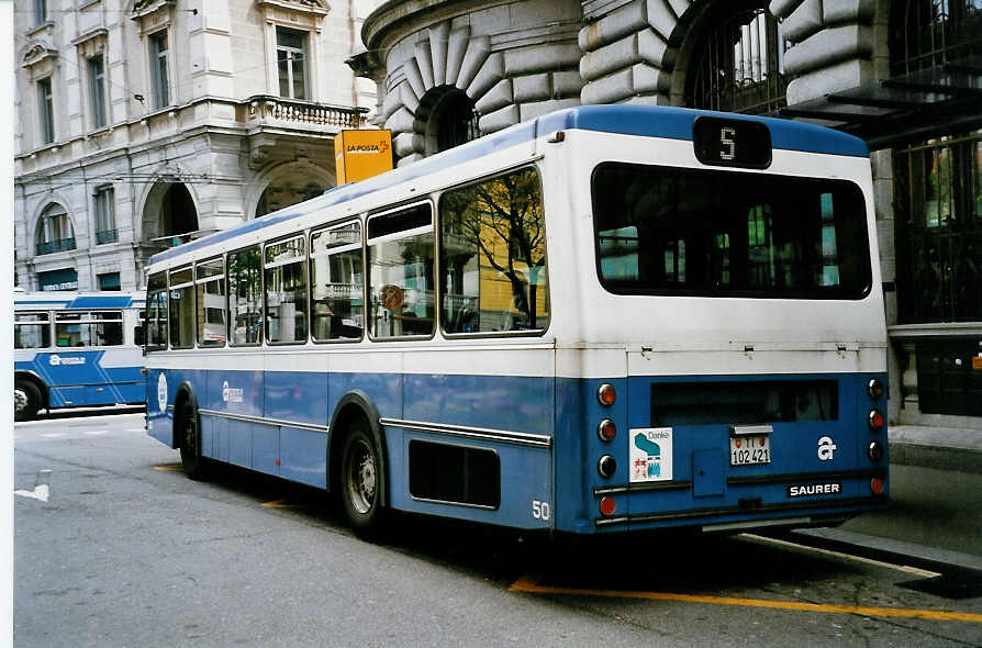 (046'032) - ACT Lugano - Nr. 50/TI 102'421 - Saurer/R&J (ex VBZ Zrich Nr. 271) am 23. April 2001 in Lugano, Centro