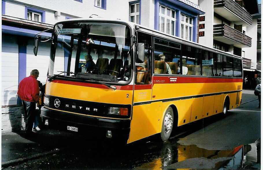 (050'007) - Portenier, Adelboden - Nr. 2/BE 26'853 - Setra (ex Geiger, Adelboden Nr. 2; ex In Albon, Visp) am 4. Oktober 2001 in Adelboden, Vorschwand