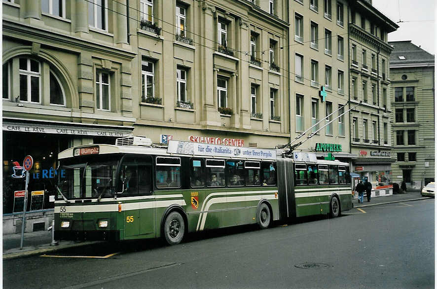 (058'604) - SVB Bern - Nr. 55 - FBW/Gangloff Gelenktrolleybus am 20. Januar 2003 in Bern, Hirschengraben