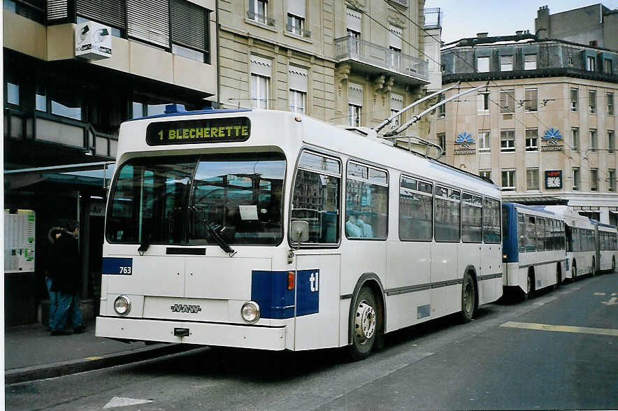 (075'127) - TL Lausanne - Nr. 763 - NAW/Lauber Trolleybus am 24. Februar 2005 in Lausanne, Bel-Air