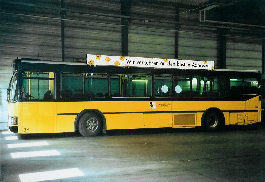 (106'733) - VBSH Schaffhausen - Nr. 36/SH 38'036 - Scania/FHS (ex Nr. 1) am 26. April 2008 in Schaffhausen, Busdepot