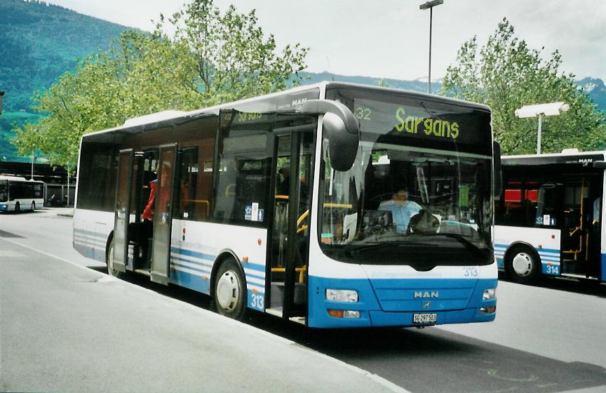 (107'431) - BSW Sargans - Nr. 313/SG 297'503 - MAN/Gppel am 24. Mai 2008 beim Bahnhof Sargans