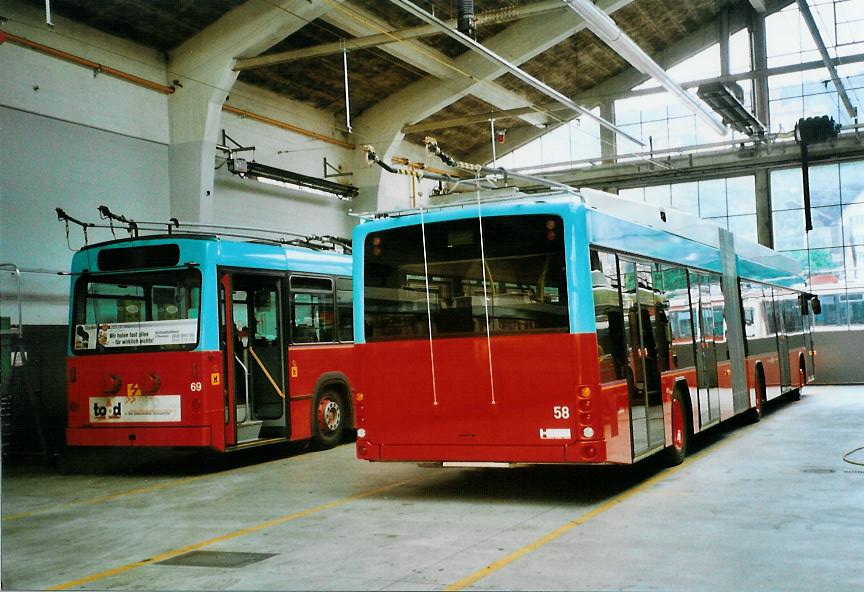 (107'636) - VB Biel - Nr. 58 - Hess/Hess Gelenktrolleybus am 1. Juni 2008 in Biel, Depot