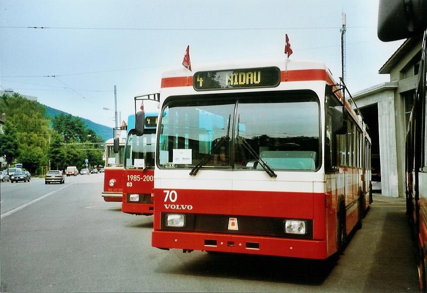 (107'710) - VB Biel - Nr. 70 - Volvo/R&J Gelenktrolleybus am 1. Juni 2008 in Biel, Depot