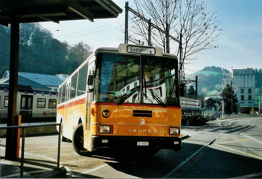 (111'725) - Amstein, Willisau - LU 15'555 - Saurer/R&J (ex Thepra, Stans Nr. 17; ex Gowa, Stans Nr. 17) am 26. Oktober 2008 beim Bahnhof Wolhusen