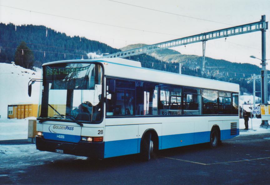 (113'327) - MOB Montreux - Nr. 28/BE 146'921 - Volvo/Hess (ex Maag, Kloten Nr. 24) am 24. Dezember 2008 beim Bahnhof Gstaad