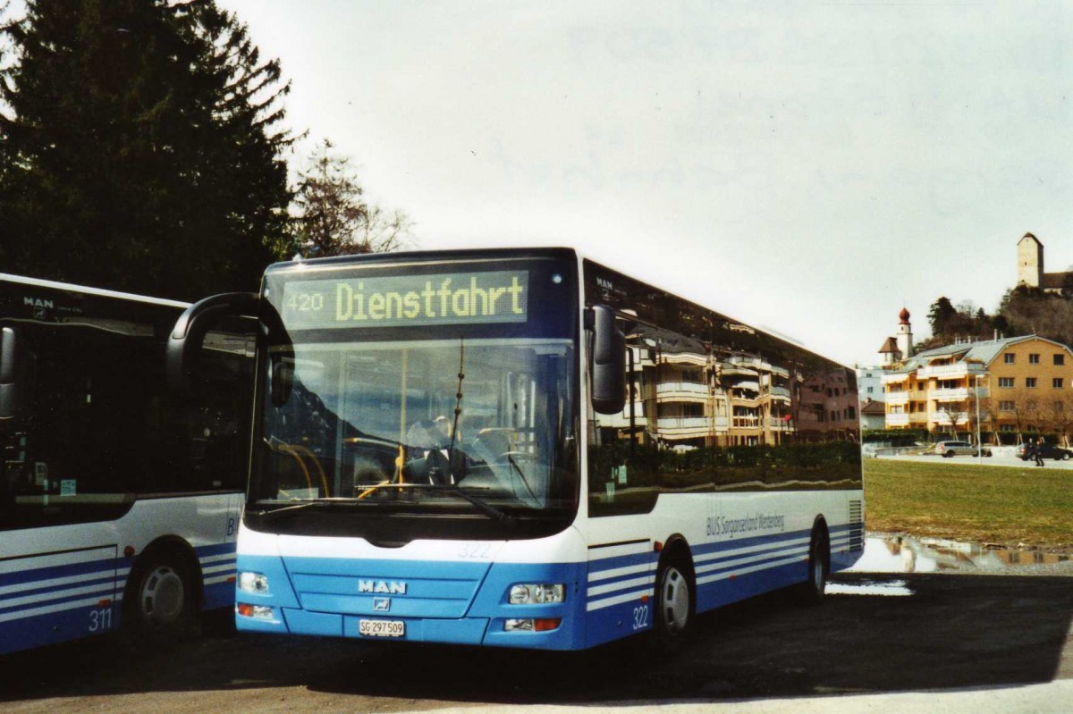 (115'122) - BSW Sargans - Nr. 322/SG 297'509 - MAN/Gppel am 14. Mrz 2009 beim Bahnhof Sargans