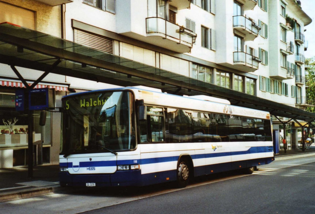 (119'724) - ZVB Zug - Nr. 118/ZG 3378 - Scania/Hess (ex Nr. 18) am 15. August 2009 beim Bahnhof Zug