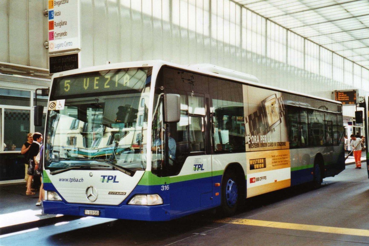 (121'130) - TPL Lugano - Nr. 316/TI 309'580 - Mercedes (ex Nr. 15) am 12. September 2009 in Lugano, Centro