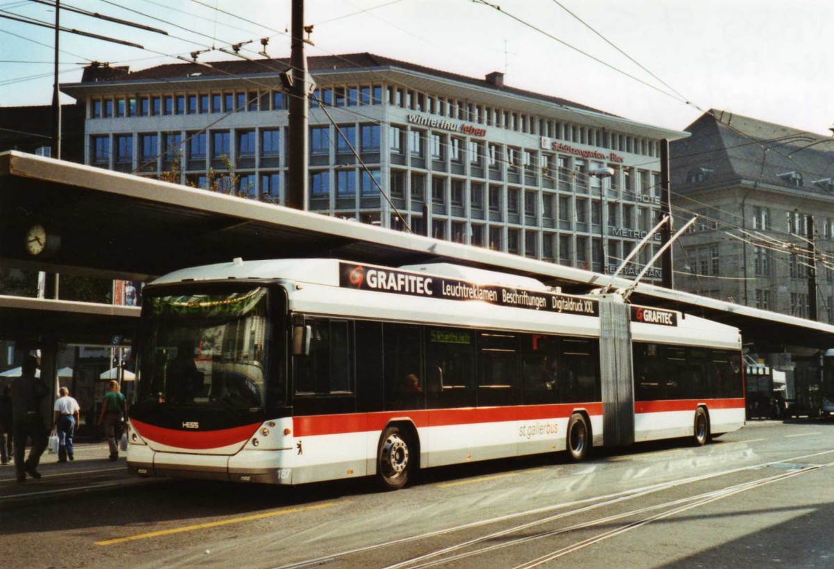 (121'322) - St. Gallerbus, St. Gallen - Nr. 187 - Hess/Hess Gelenktrolleybus am 23. September 2009 beim Bahnhof St. Gallen