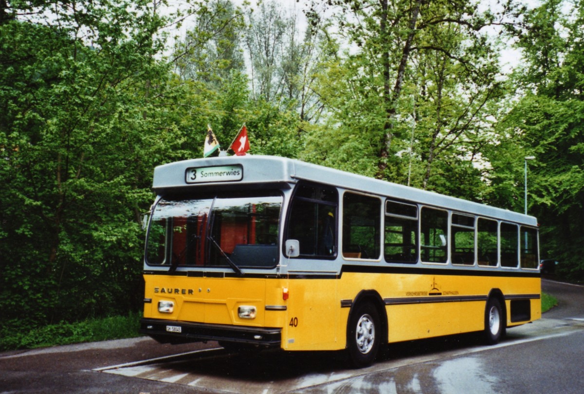 (126'323) - Wanner, Schleitheim - Nr. 40/SH 58'045 - Saurer/Hess (ex Ruklic, Schaffhausen; ex VBSH Schaffhausen Nr. 40; ex VBSH Schaffhausen Nr. 19) am 16. Mai 2010 in Schaffhausen, Sommerwies