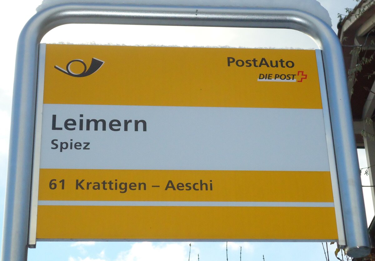 (131'140) - PostAuto-Haltestellenschild - Spiez, Leimern - am 29. November 2010