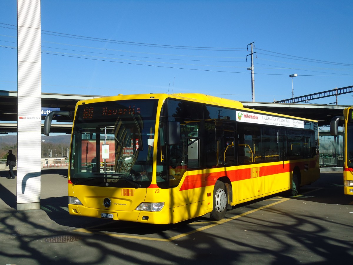 (132'567) - BLT Oberwil - Nr. 73/BL 153'268 - Mercedes am 7. Februar 2011 beim Bahnhof Muttenz