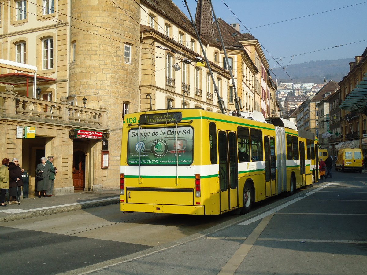 (132'750) - TN Neuchtel - Nr. 108 - NAW/Hess Gelenktrolleybus am 8. Mrz 2011 in Neuchtel, Place Pury