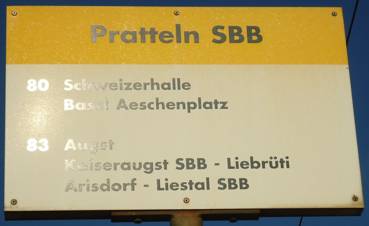 (133'680) - AAGL-Haltestellenschild - Pratteln, SBB - am 16. Mai 2011