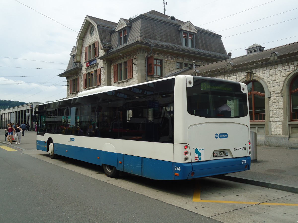 (134'878) - VBZ Zrich - Nr. 274/ZH 726'274 - Neoplan am 10. Juli 2011 beim Bahnhof Zrich-Oerlikon