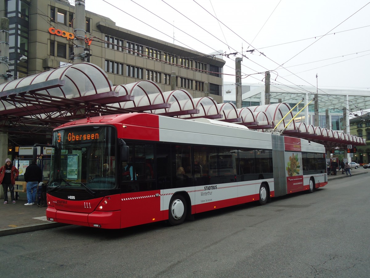 (136'961) - SW Winterthur - Nr. 111 - Hess/Hess Gelenktrolleybus am 24. November 2011 beim Hauptbahnhof Winterthur