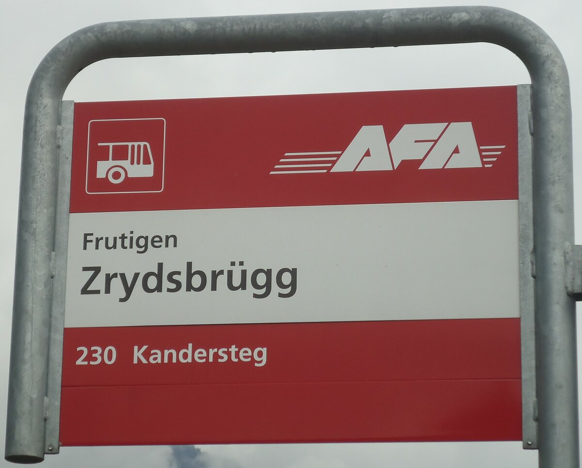 (138'452) - AFA-Haltestellenschild - Frutigen, Zrydsbrgg - am 6. April 2012