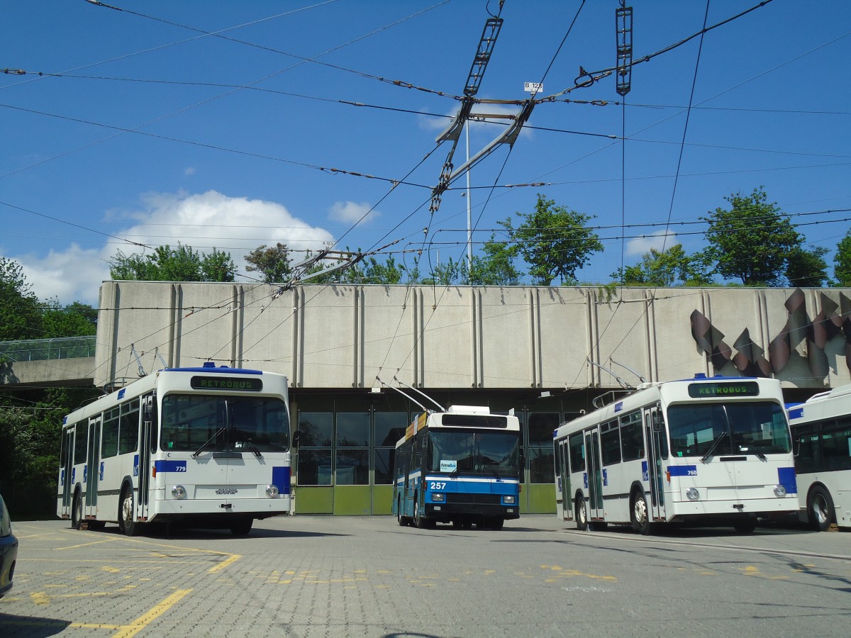 (138'765) - TL Lausanne - Nr. 779 - NAW/Lauber Trolleybus + VBL Luzern (Rtrobus) - Nr. 257 - NAW/R&J-Hess Trolleybus + TL Lausanne - Nr. 760 - NAW/Lauber Trolleybus am 13. Mai 2012 in Lausanne, Dpt Borde