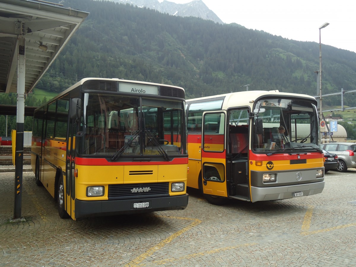 (140'337) - Marchetti, Airolo - TI 112'088 - NAW/Hess (ex PostAuto Bern; ex AVG Meiringen Nr. 66; ex P 24'452) am 1. Juli 2012 beim Bahnhof Airolo