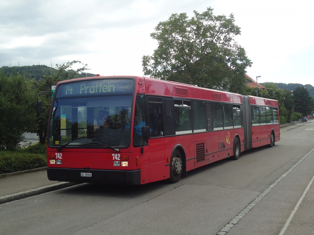 (140'475) - BVB Basel - Nr. 742/BS 98'966 - Van Hool (ex Bernmobil, Bern Nr. 249) am 11. Juli 2012 in Pratteln, Bahnhofstrasse