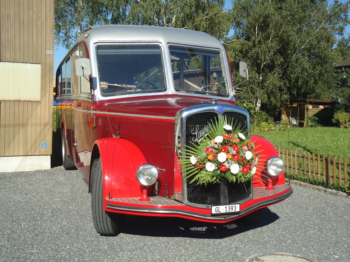 (141'145) - Biegger, Uster - Nr. 2/GL 1393 - Saurer/Lauber (ex Tlverbier, Verbier Nr. 2; ex Werkbus; ex Rey, Ayent) am 18. August 2012 in Benken, Fischbachstrasse