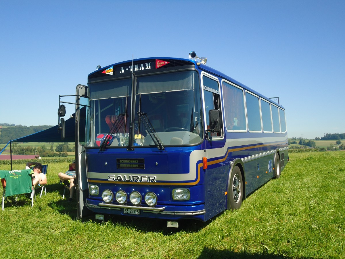 (141'169) - Steinauer, Einsiedeln - SZ 25'115 - Saurer/R&J (ex Albin, Fllanden; ex SBB; ex Solr&Fontana, Ilanz; ex P 24'359) am 18. August 2012 in Affeltrangen, Kreuzegg