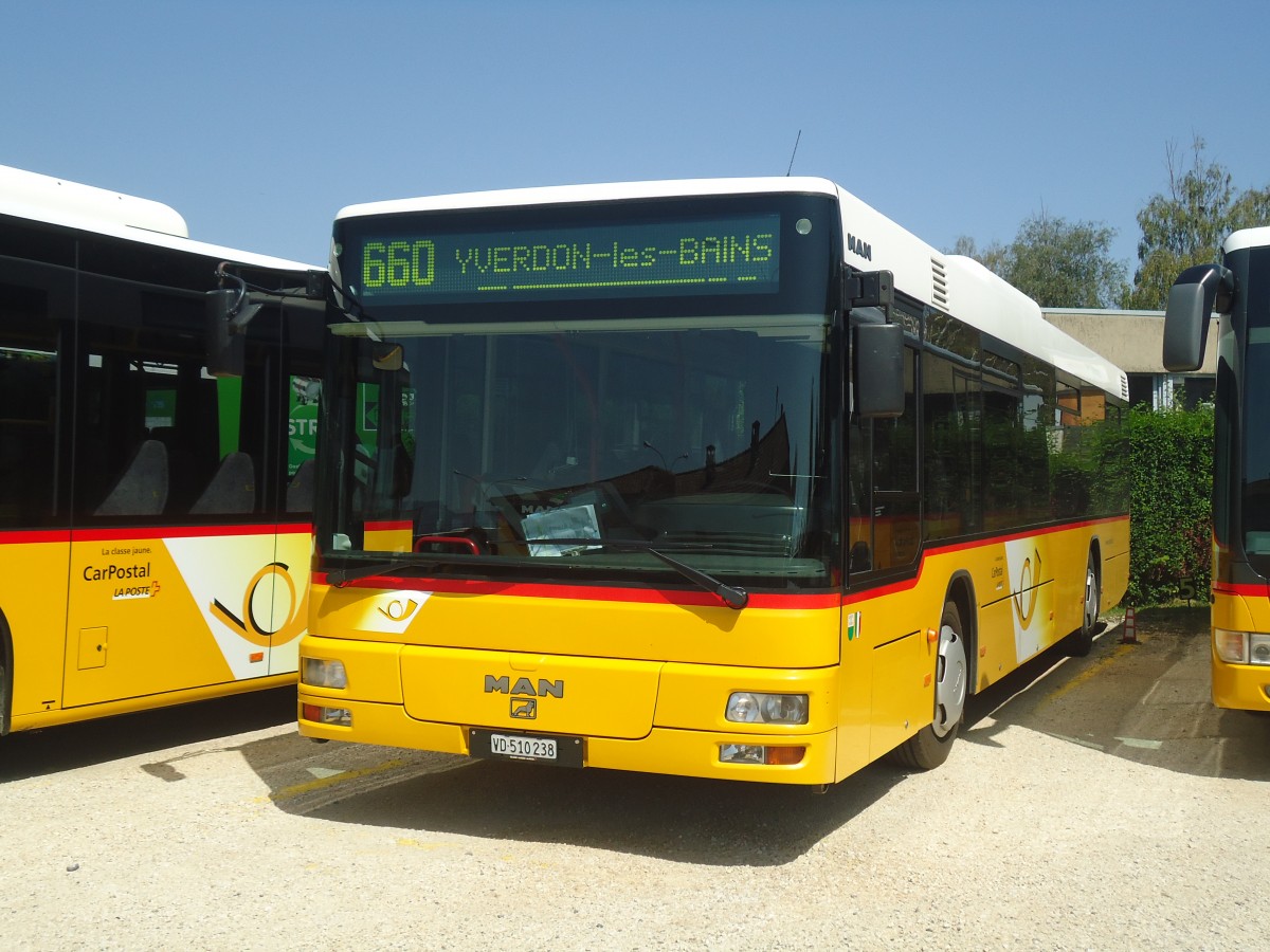 (141'333) - CarPostal Ouest - VD 510'238 - MAN (ex P 25'144) am 19. August 2012 in Yverdon, Garage