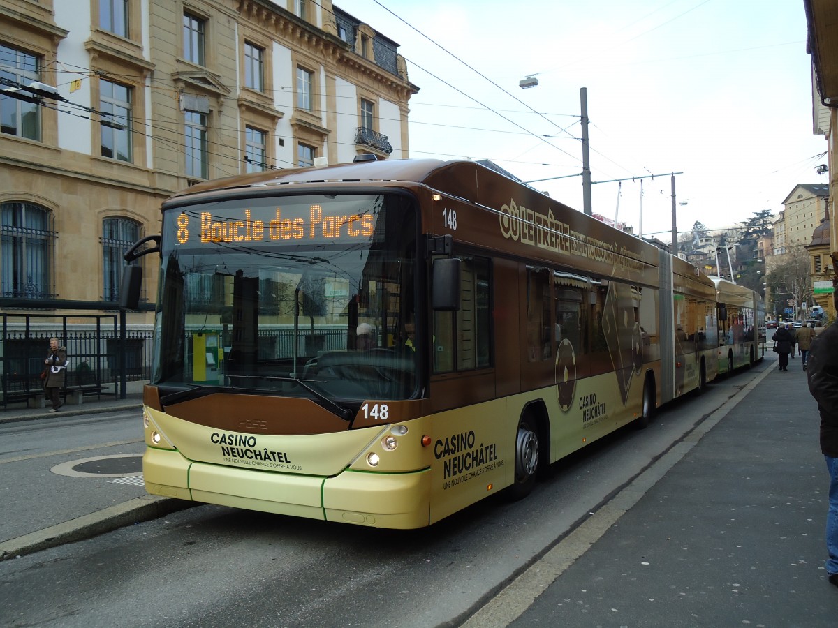 (142'712) - transN, La Chaux-de-Fonds - Nr. 148 - Hess/Hess Gelenktrolleybus (ex TN Neuchtel Nr. 148) am 29. Dezember 2012 in Neuchtel, Place Pury