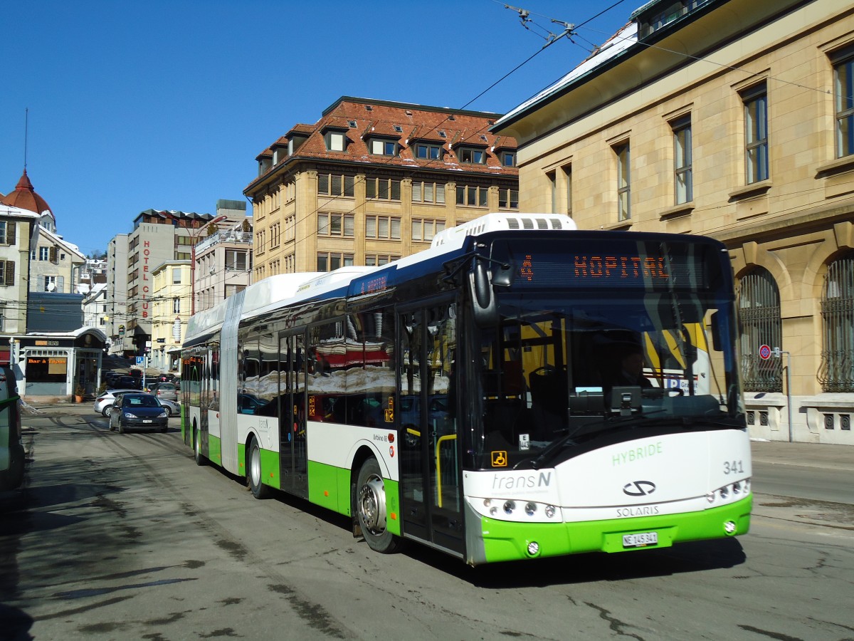 (143'250) - transN, La Chaux-de-Fonds - Nr. 341/NE 145'341 - Solaris am 19. Februar 2013 beim Bahnhof La Chaux-de-Fonds