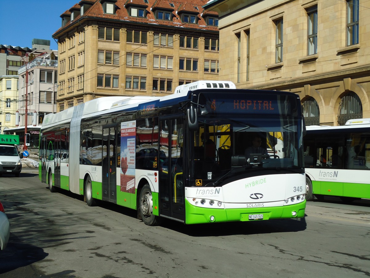 (143'258) - transN, La Chaux-de-Fonds - Nr. 345/NE 145'345 - Solaris am 19. Februar 2013 beim Bahnhof La Chaux-de-Fonds