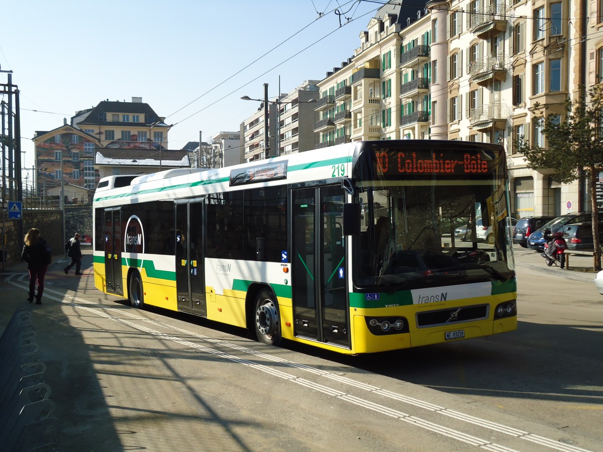 (143'281) - transN, La Chaux-de-Fonds - Nr. 219/NE 93'219 - Volvo (ex TN Neuchtel Nr. 219) am 19. Februar 2013 beim Bahnhof Neuchtel