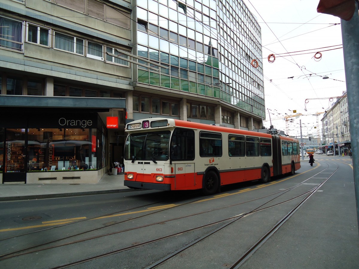 (143'388) - TPG Genve - Nr. 663 - Saurer/Hess Gelenktrolleybus am 22. Februar 2013 in Genve, Coutance