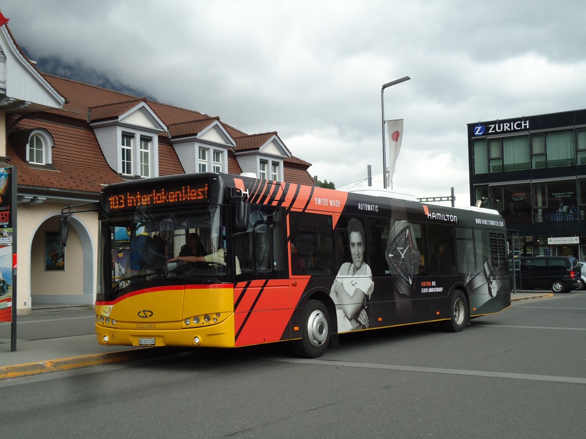 (144'074) - PostAuto Bern - BE 610'538 - Solaris am 11. Mai 2013 beim Bahnhof Interlaken Ost