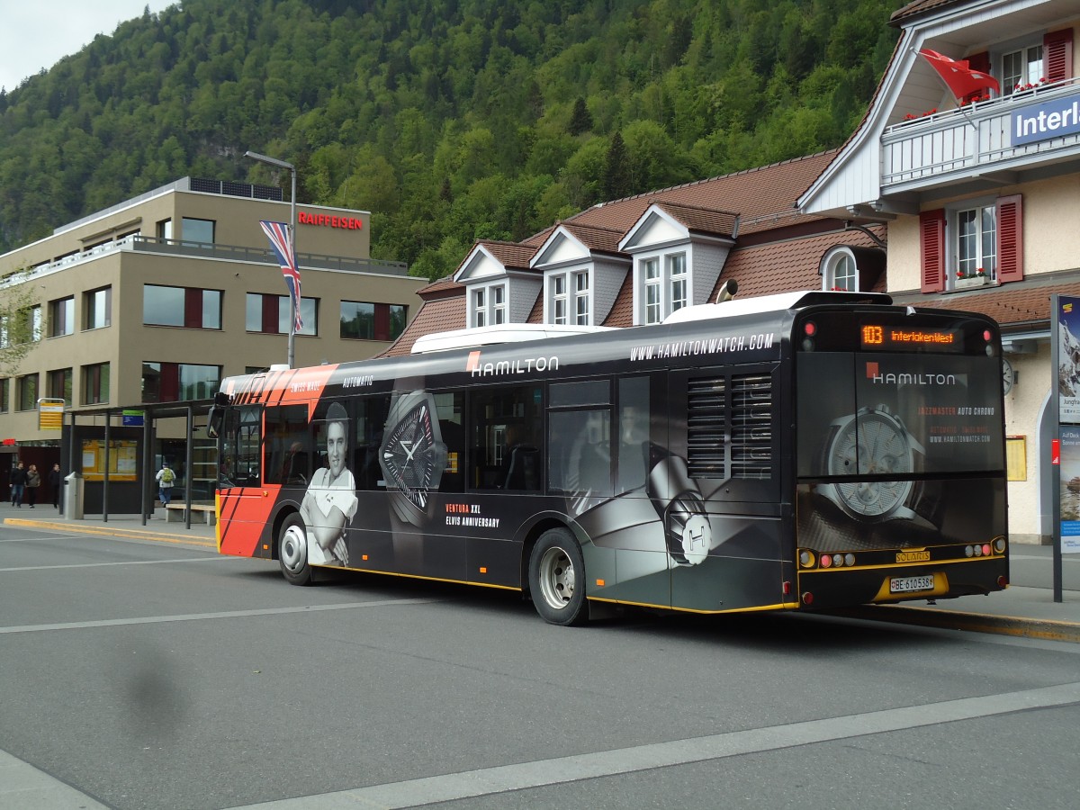 (144'075) - PostAuto Bern - BE 610'538 - Solaris am 11. Mai 2013 beim Bahnhof Interlaken Ost