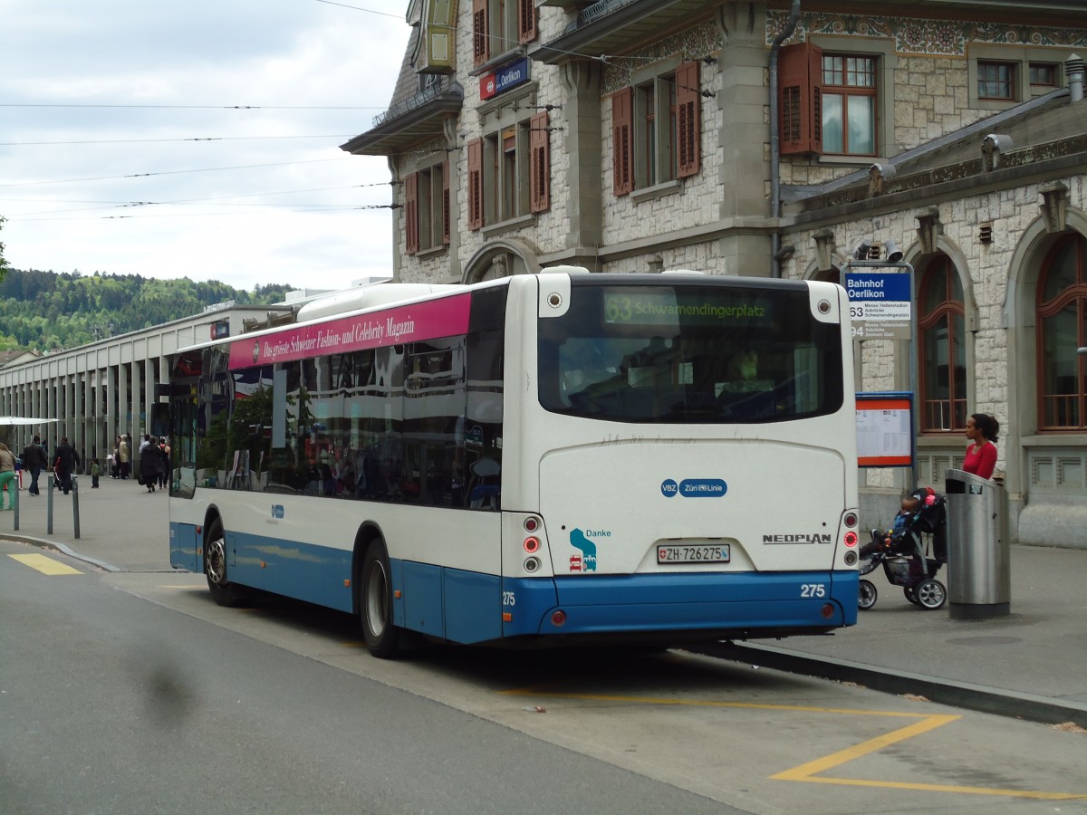 (144'437) - VBZ Zrich - Nr. 275/ZH 726'275 - Neoplan am 20. Mai 2013 beim Bahnhof Zrich-Oerlikon