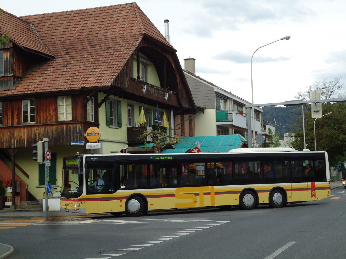 (144'478) - STI Thun - Nr. 139/BE 801'139 - MAN am 20. Mai 2013 in Thun-Lechenfeld, Waldeck