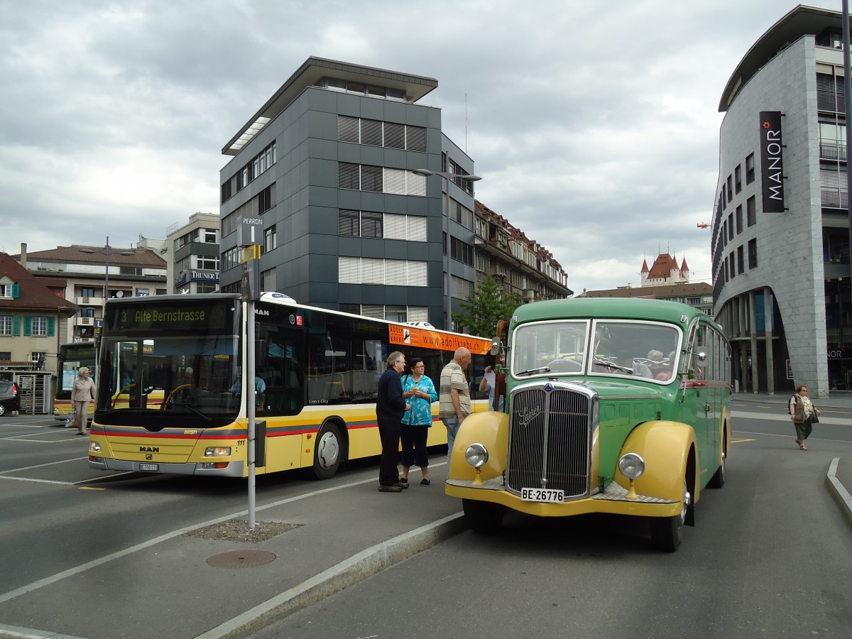 (144'857) - STI Thun - Nr. 15/BE 26'776 - Saurer/Gangloff (ex AvH Heimenschwand Nr. 5) am 9. Juni 2013 beim Bahnhof Thun