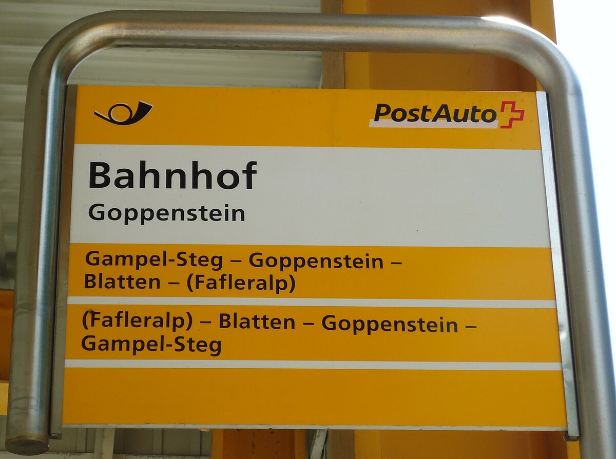 (146'260) - PostAuto-Haltestellenschild - Goppenstein, Bahnhof - am 5. August 2013