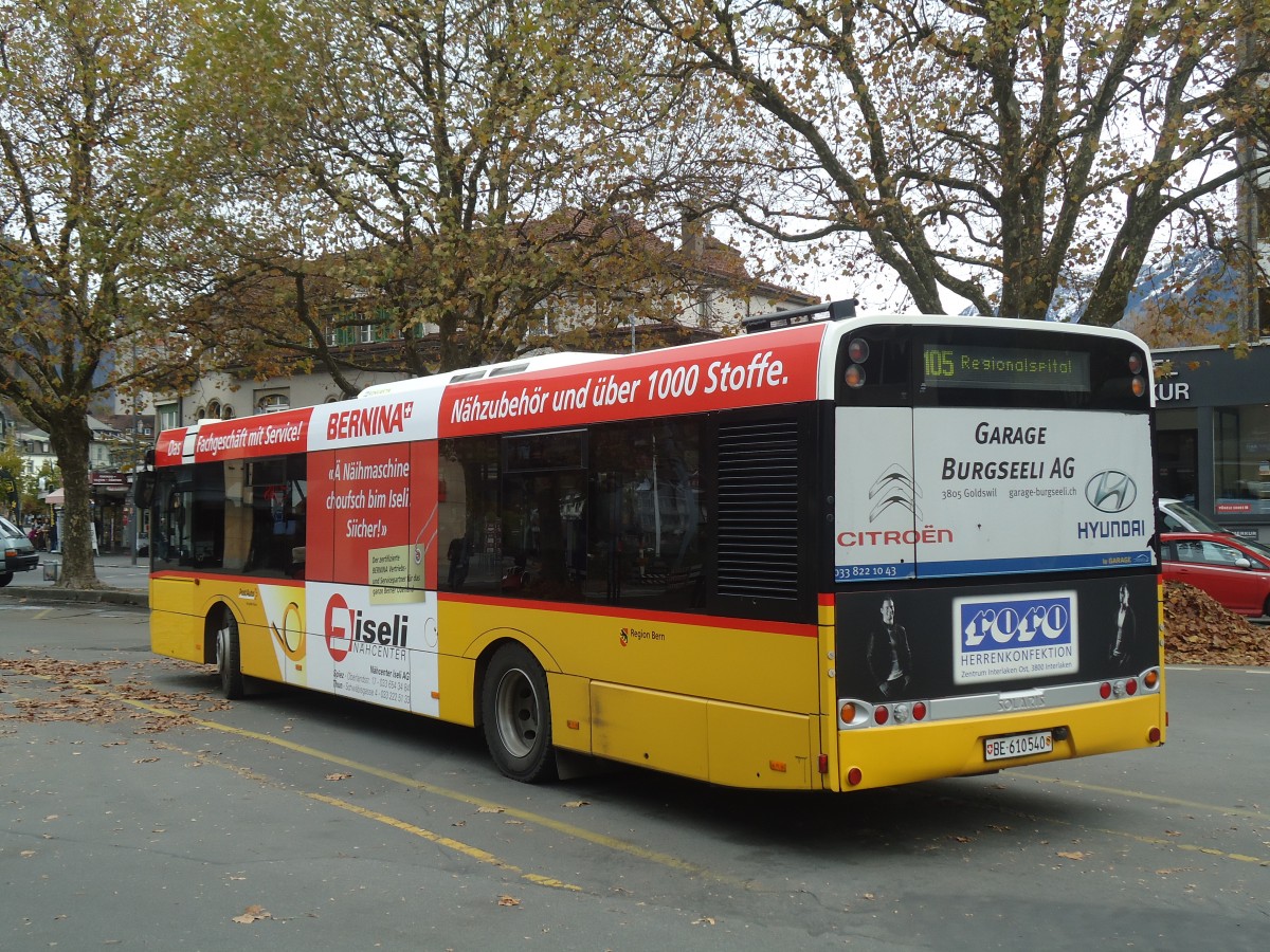 (147'581) - PostAuto Bern - BE 610'540 - Solaris am 4. November 2013 beim Bahnhof Interlaken West