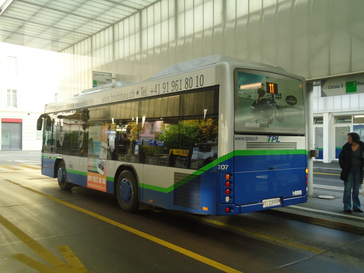 (147'710) - TPL Lugano - Nr. 207/TI 218'939 - Scania/Hess am 5. November 2013 in Lugano, Centro