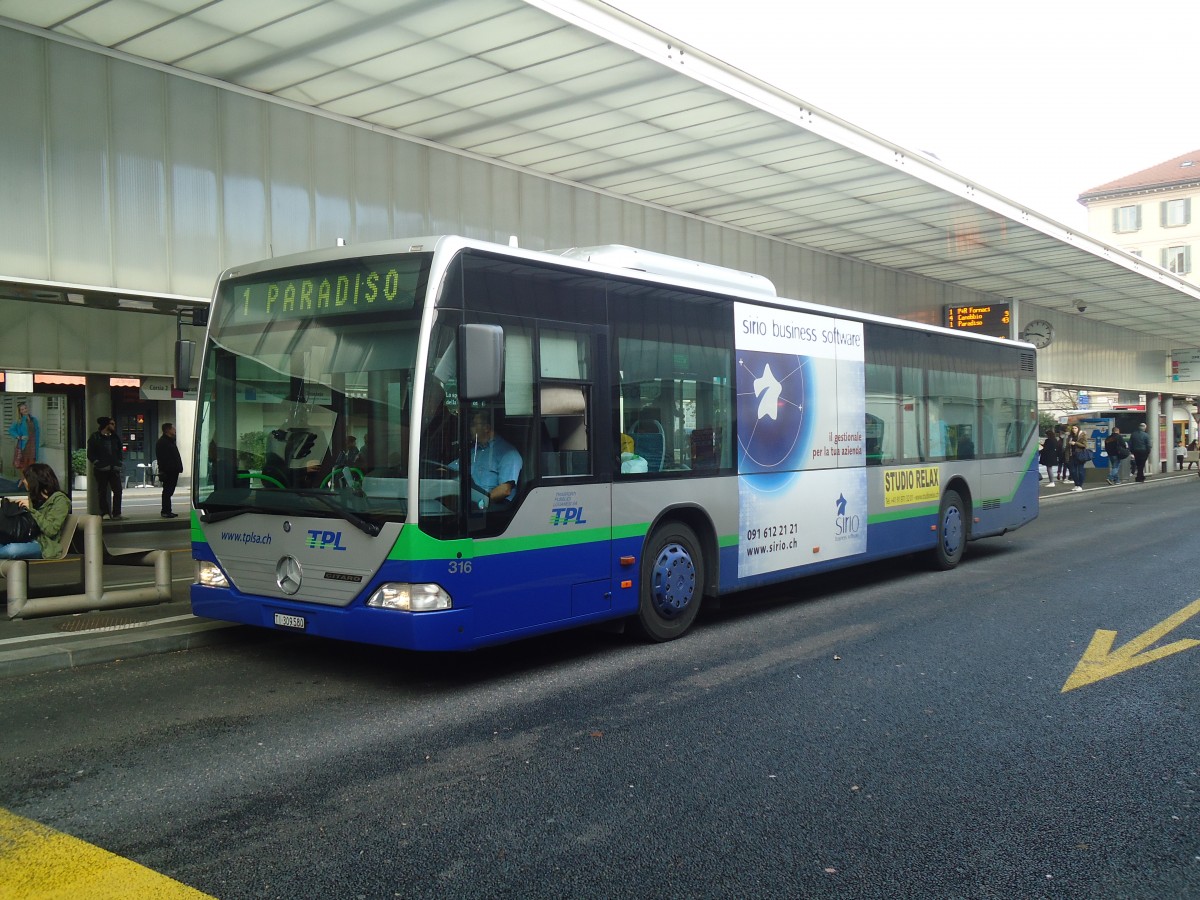 (147'715) - TPL Lugano - Nr. 316/TI 309'580 - Mercedes (ex Nr. 15) am 5. November 2013 in Lugano, Centro