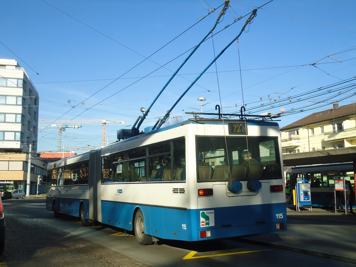 (148'273) - VBZ Zrich - Nr. 115 - Mercedes Gelenktrolleybus am 9. Dezember 2013 in Zrich, Bucheggplatz