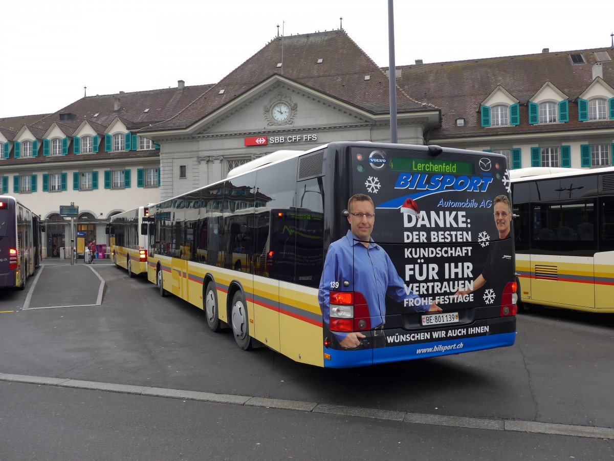 (148'651) - STI Thun - Nr. 139/BE 801'139 - MAN am 20. Januar 2014 beim Bahnhof Thun